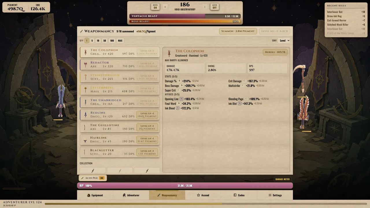 The Weaponmancy panel, showing the weapon catalogue and growth grades.